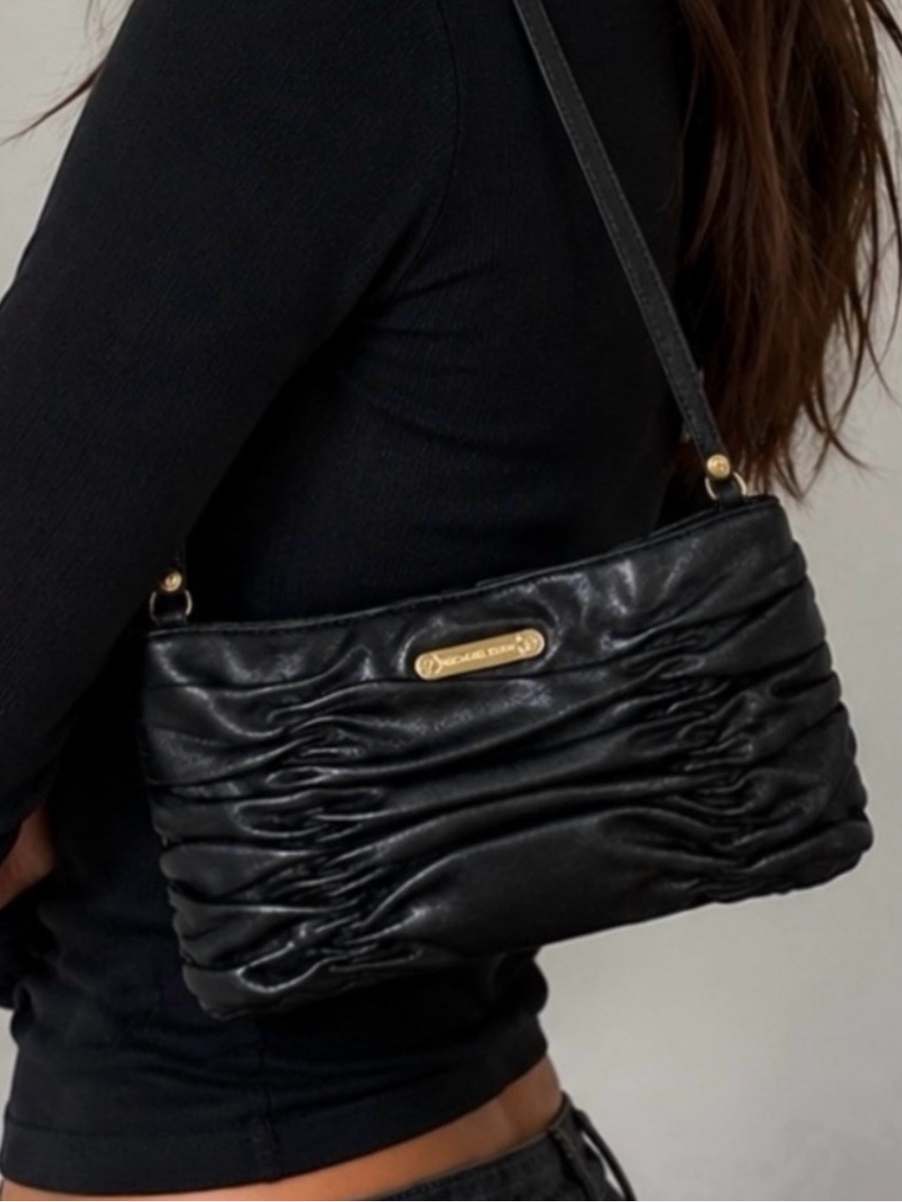 MICHAEL KORS Webster Leather Convertible Clutch Shoulder Bag Ruched